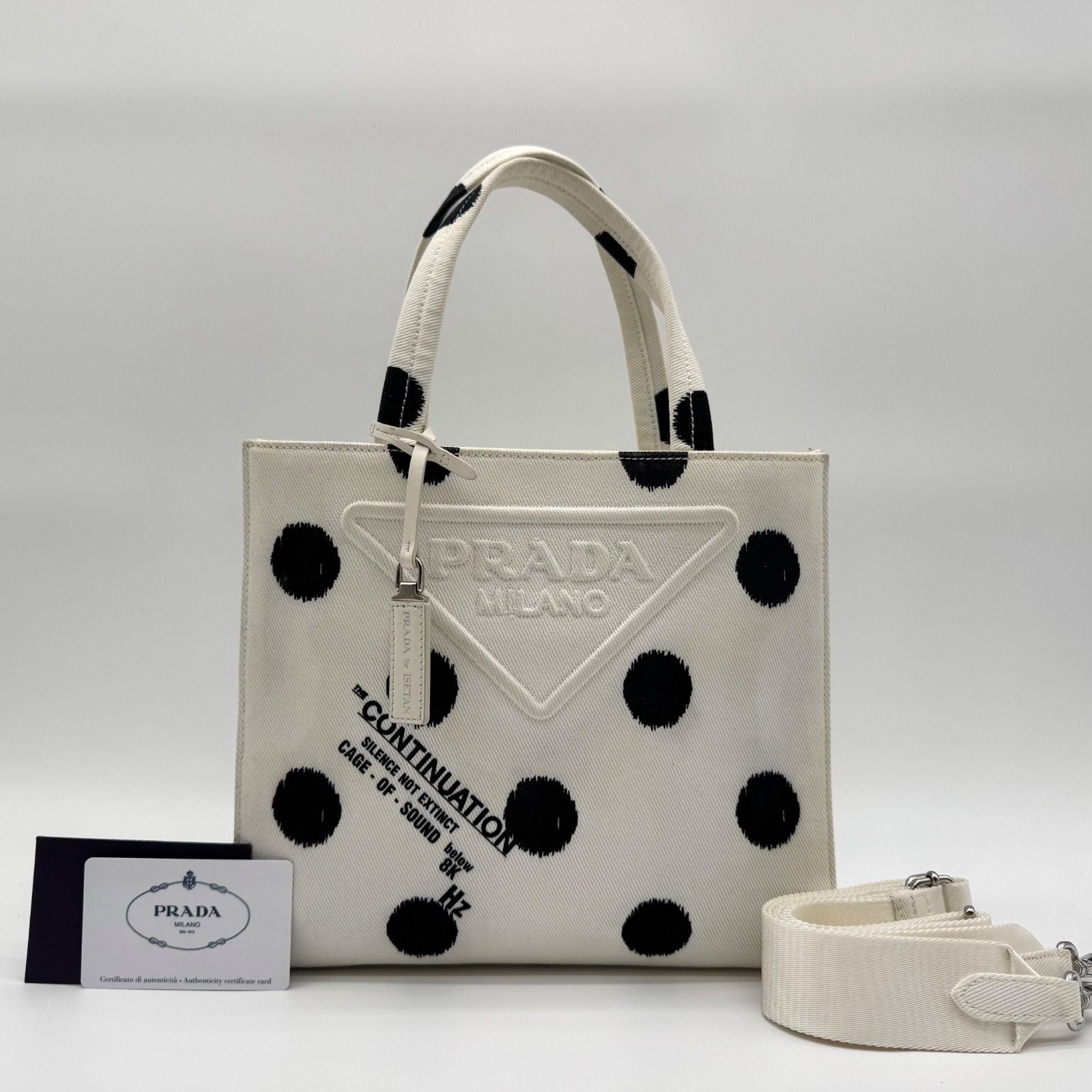 Prada Tote Dot Pattern Isetan Limited Canvas Shoulder Bag 2-Way White