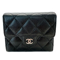 Chanel Wallet Bifold Quilted Caviar Leather Black Silver Compact Simple