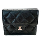 Chanel Wallet Bifold Quilted Caviar Leather Black Silver Compact Simple