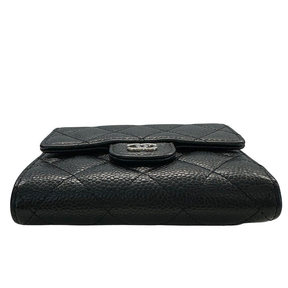Chanel Wallet Bifold Quilted Caviar Leather Black Silver Compact Simple — view 3