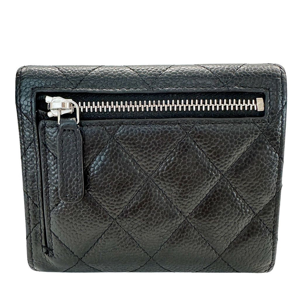 Chanel Wallet Bifold Quilted Caviar Leather Black Silver Compact Simple — view 2