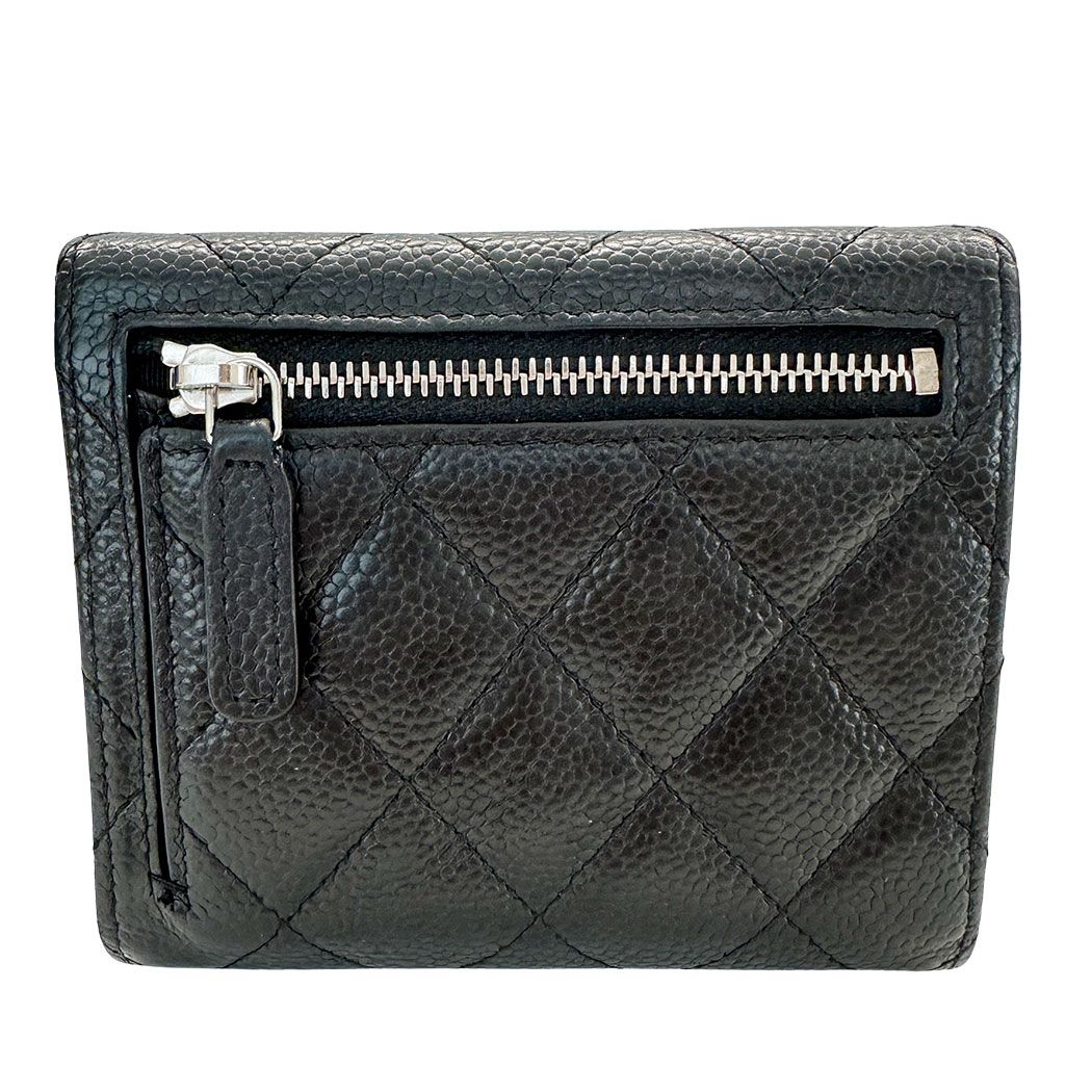 Chanel Wallet Bifold Quilted Caviar Leather Black Silver Compact Simple — view 2