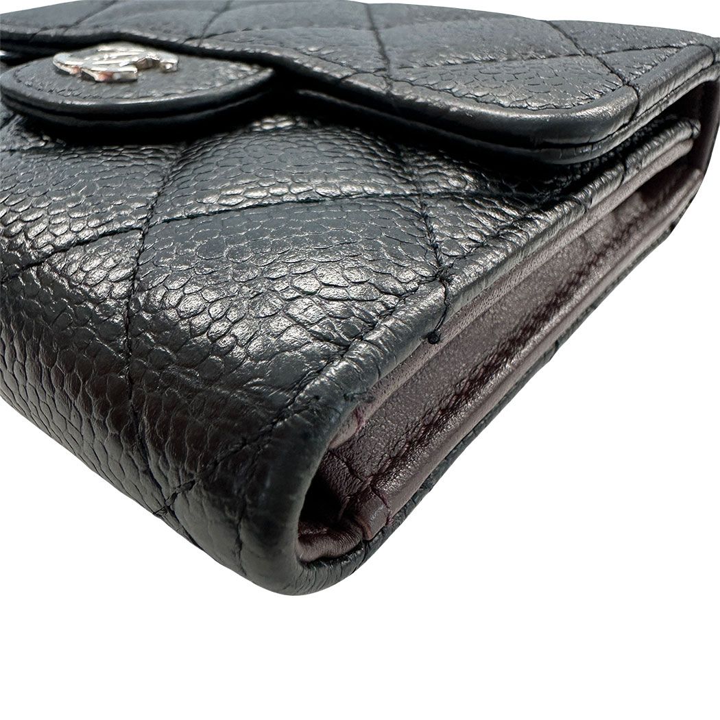 Chanel Wallet Bifold Quilted Caviar Leather Black Silver Compact Simple — view 5