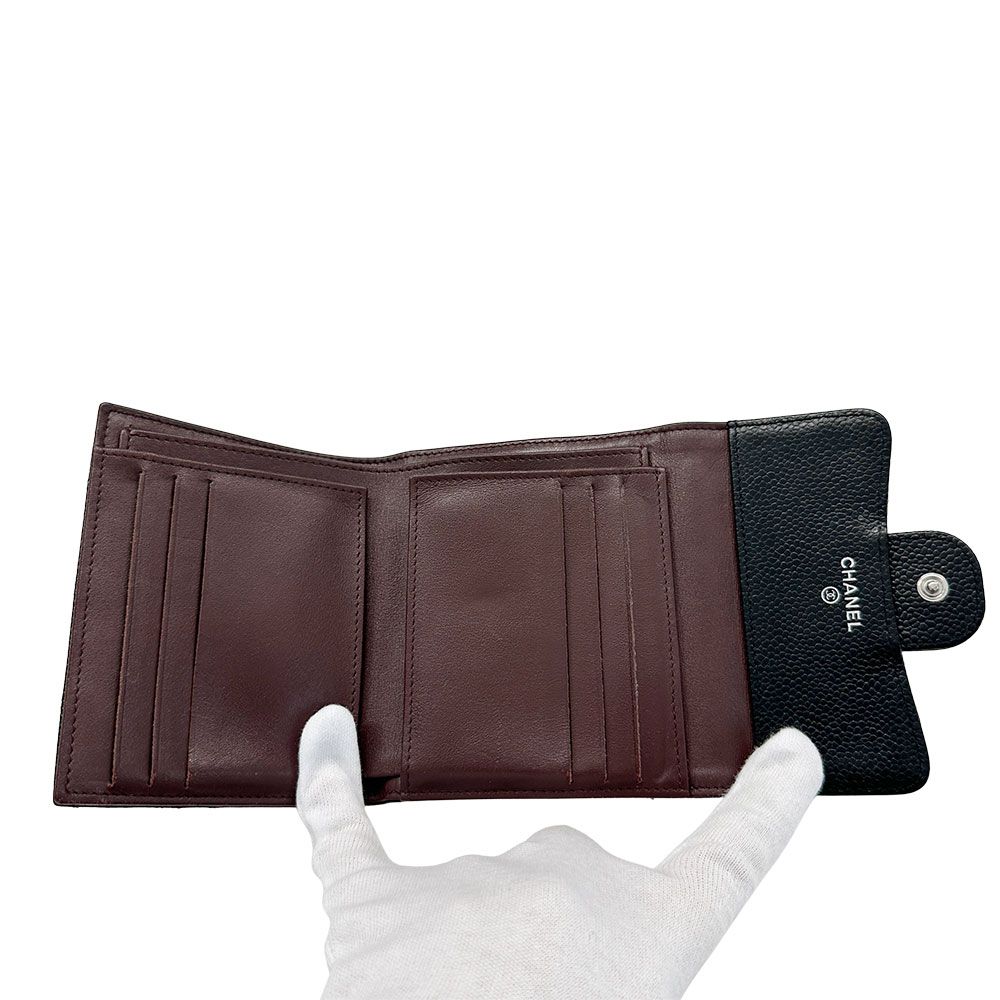Chanel Wallet Bifold Quilted Caviar Leather Black Silver Compact Simple — view 8