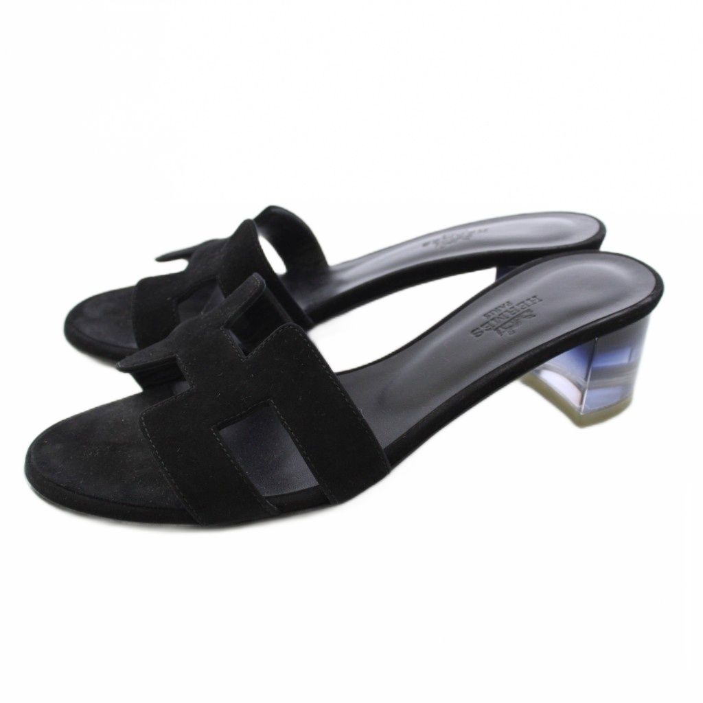 Hermes Oasis Sandals Clear Heels Suede Leather 37 Black