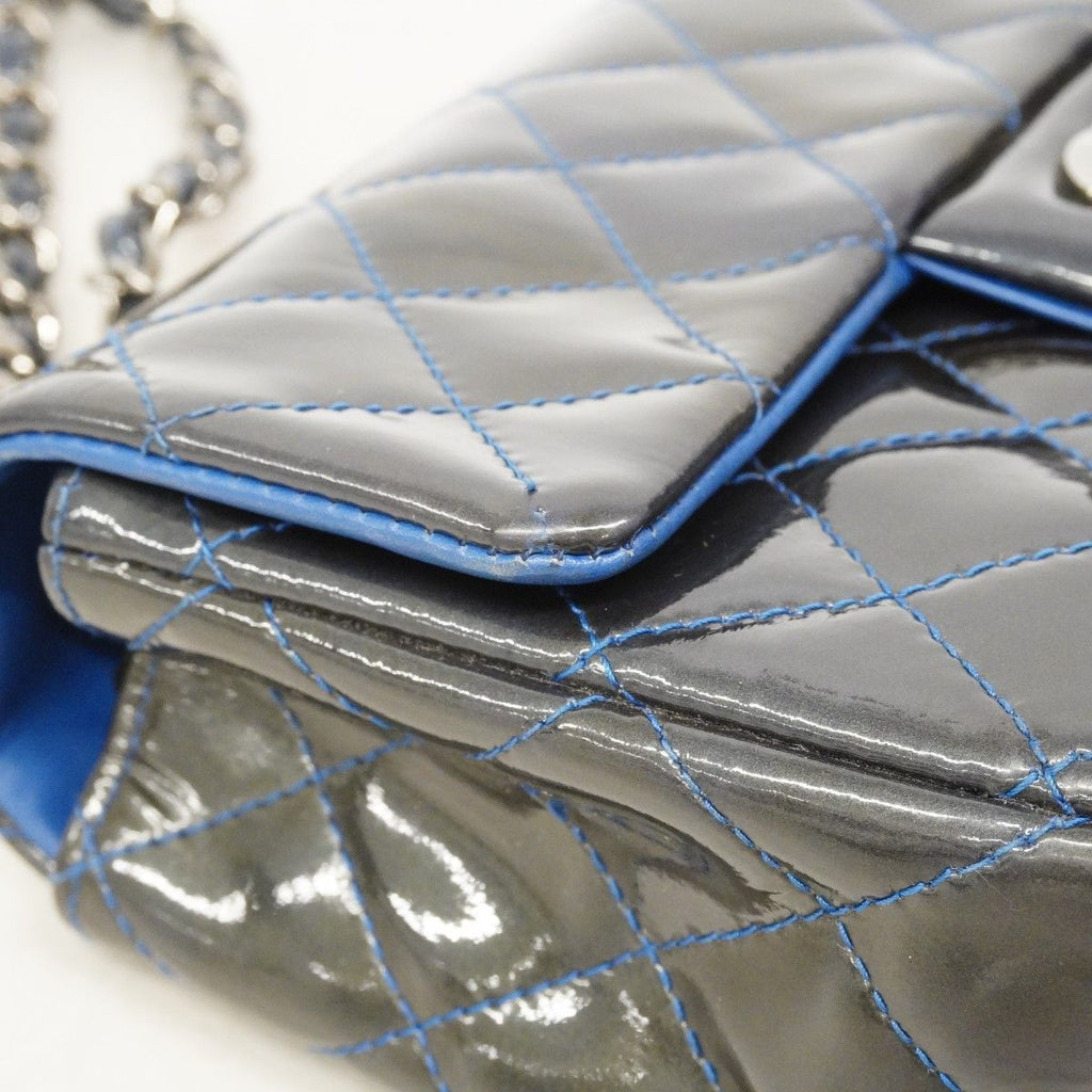 Chanel Shoulder Bag Mini Quilted Patent Leather Gray Blue Silver — view 7