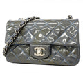 Chanel Shoulder Bag Mini Quilted Patent Leather Gray Blue Silver