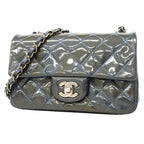 Chanel Shoulder Bag Mini Quilted Patent Leather Gray Blue Silver