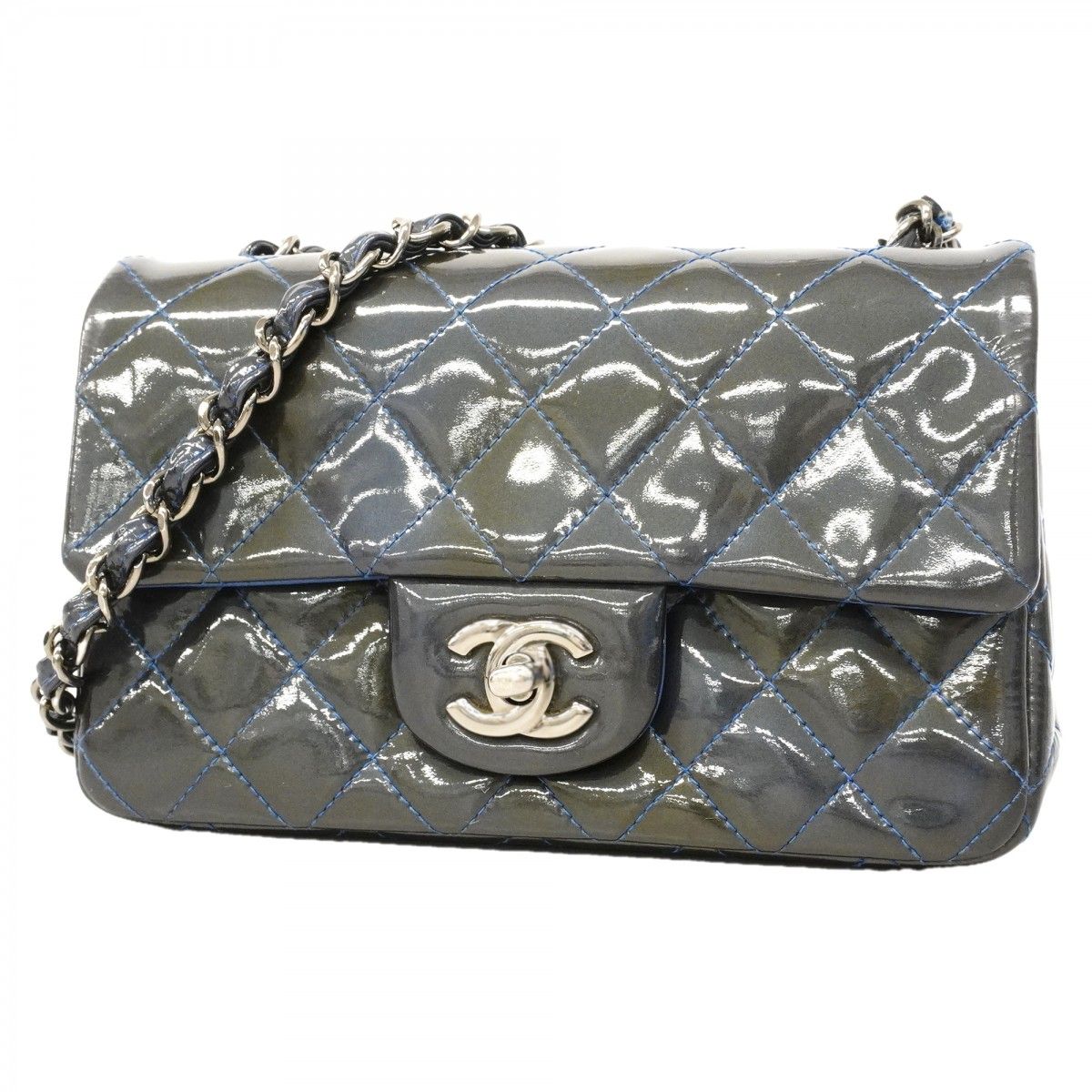 Chanel Shoulder Bag Mini Quilted Patent Leather Gray Blue Silver