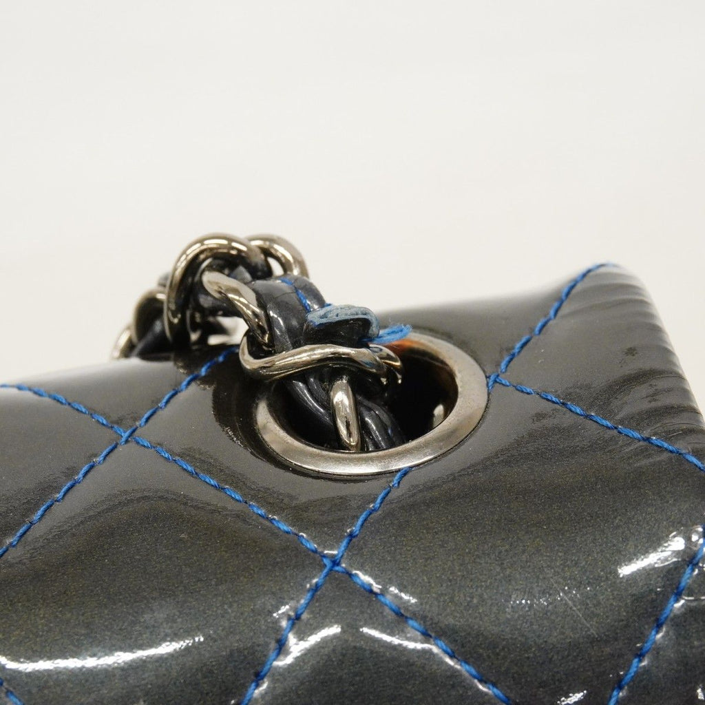 Chanel Shoulder Bag Mini Quilted Patent Leather Gray Blue Silver — view 9