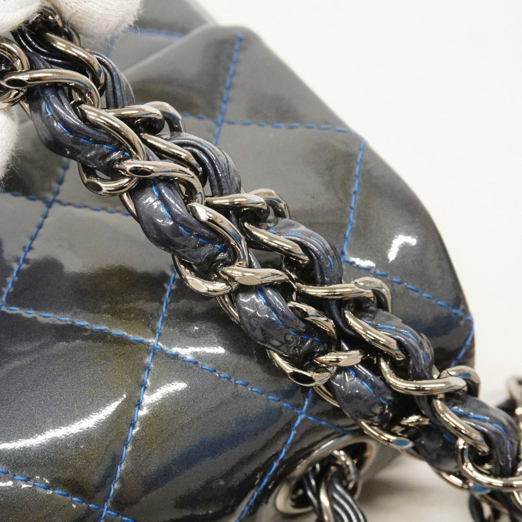Chanel Shoulder Bag Mini Quilted Patent Leather Gray Blue Silver — view 8