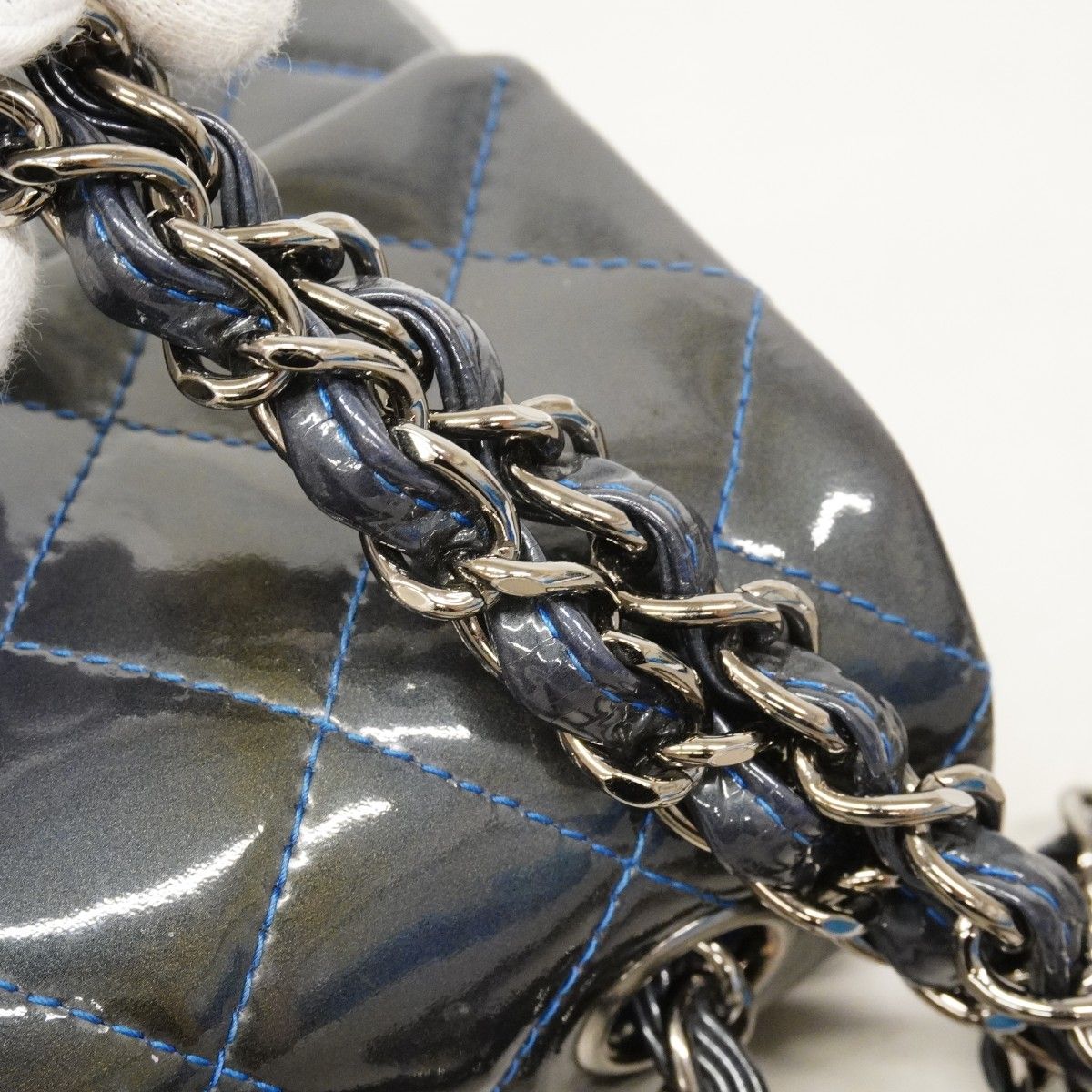 Chanel Shoulder Bag Mini Quilted Patent Leather Gray Blue Silver — view 8