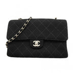 Chanel Shoulder Bag Quilted Cotton Black Silver