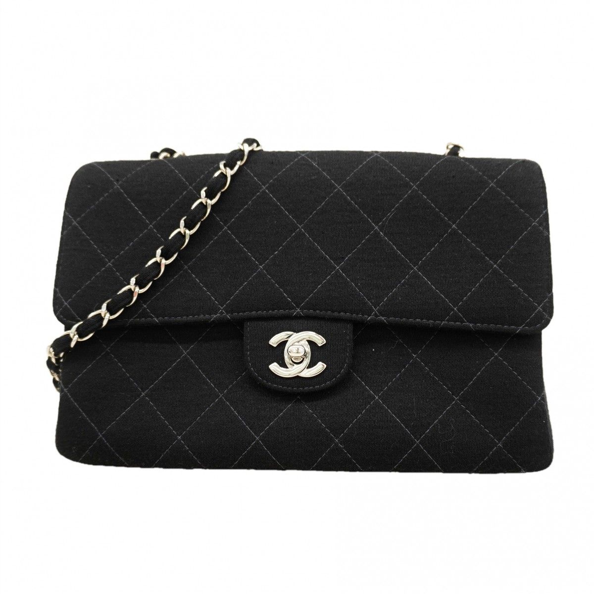 Chanel Shoulder Bag Quilted Cotton Black Silver