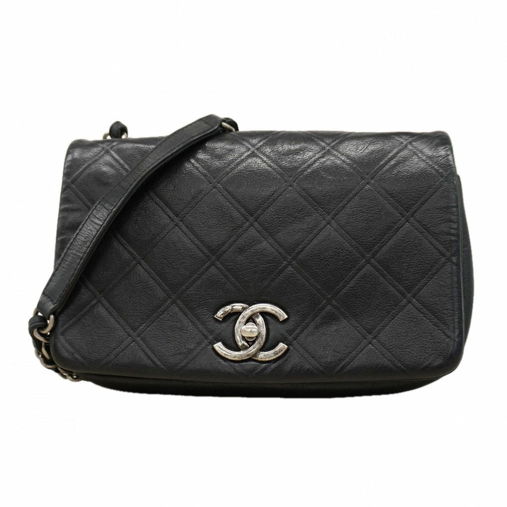 Chanel Shoulder Bag Quilted Leather Black Silver