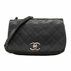 Chanel Shoulder Bag Quilted Leather Black Silver