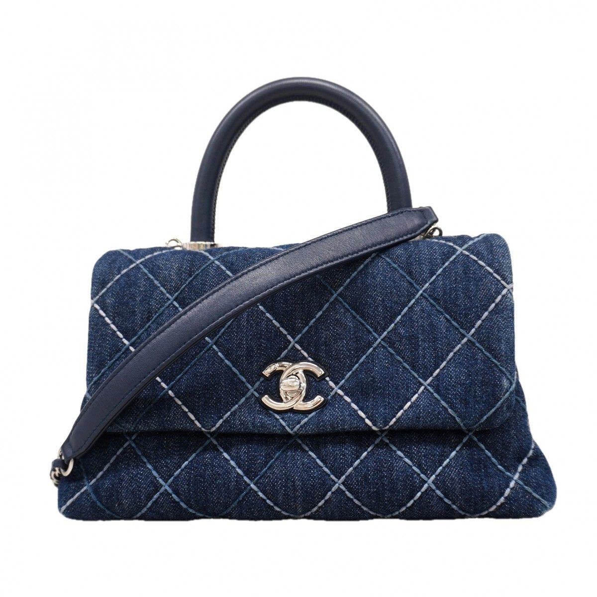 Chanel Handbag Coco Handle Denim Navy Silver 2-Way