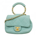 Chanel Handbag Quilted Top Handle Lambskin Light Blue Gold 2-Way