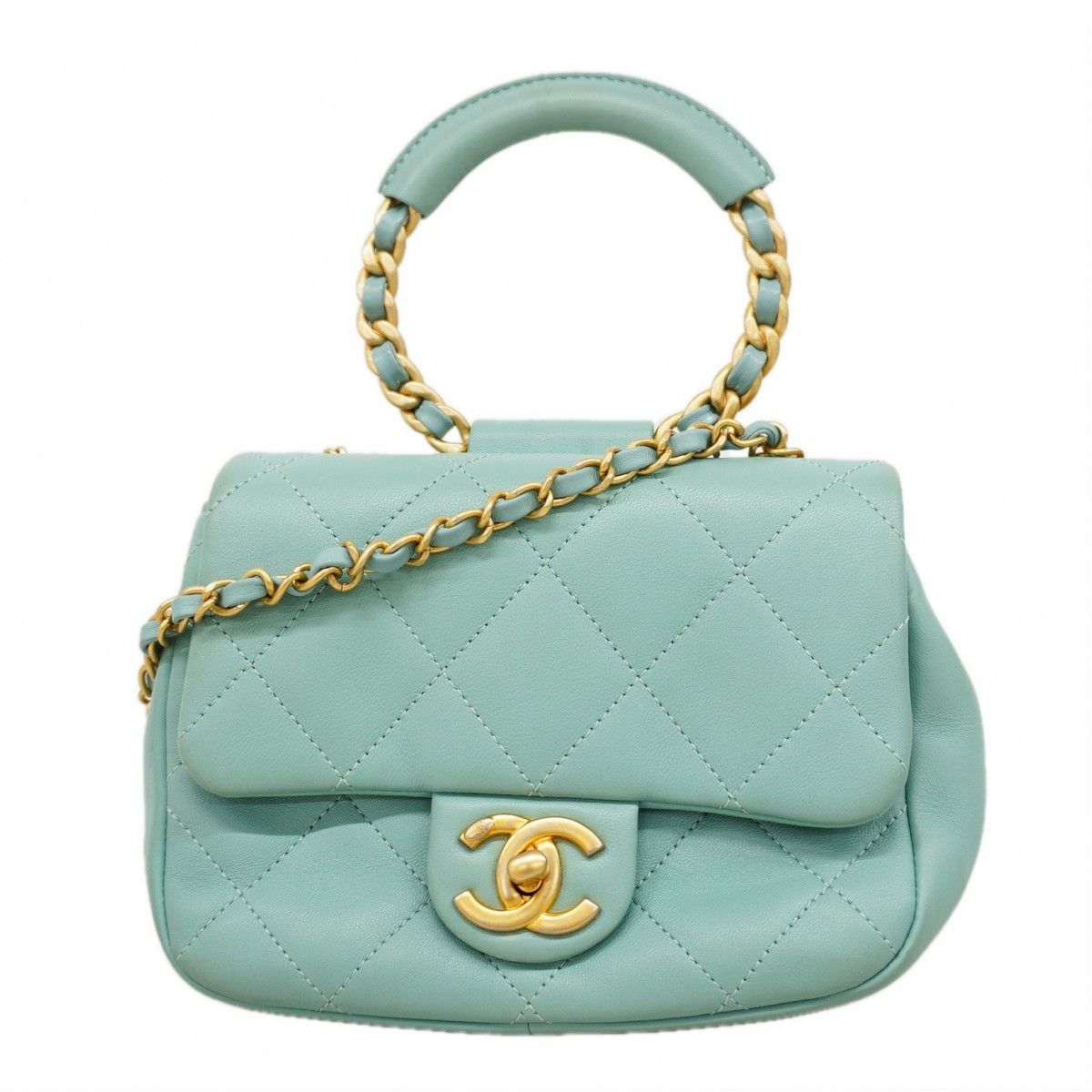 Chanel Handbag Quilted Top Handle Lambskin Light Blue Gold 2-Way