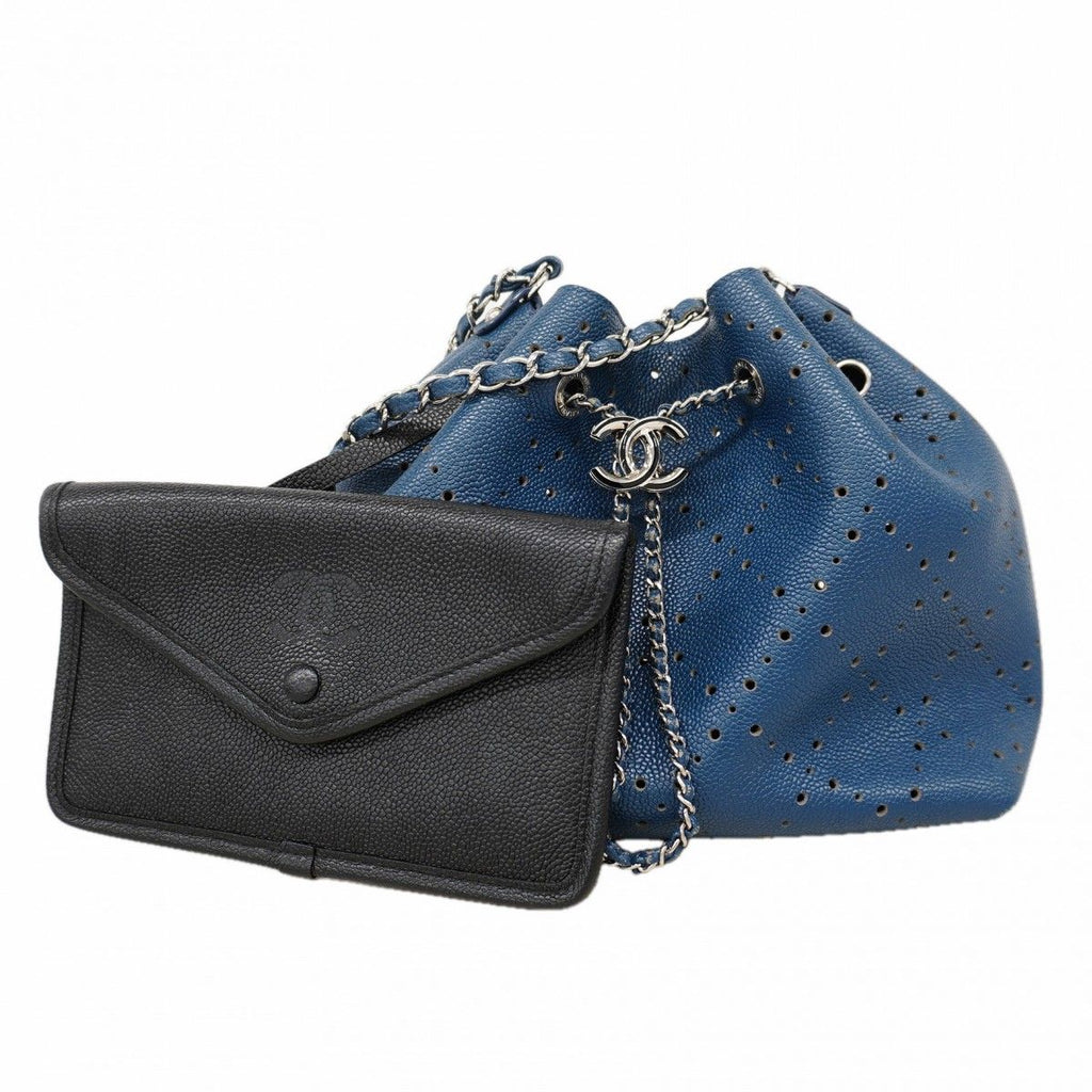 Chanel Shoulder Bag Caviar Leather Blue Silver