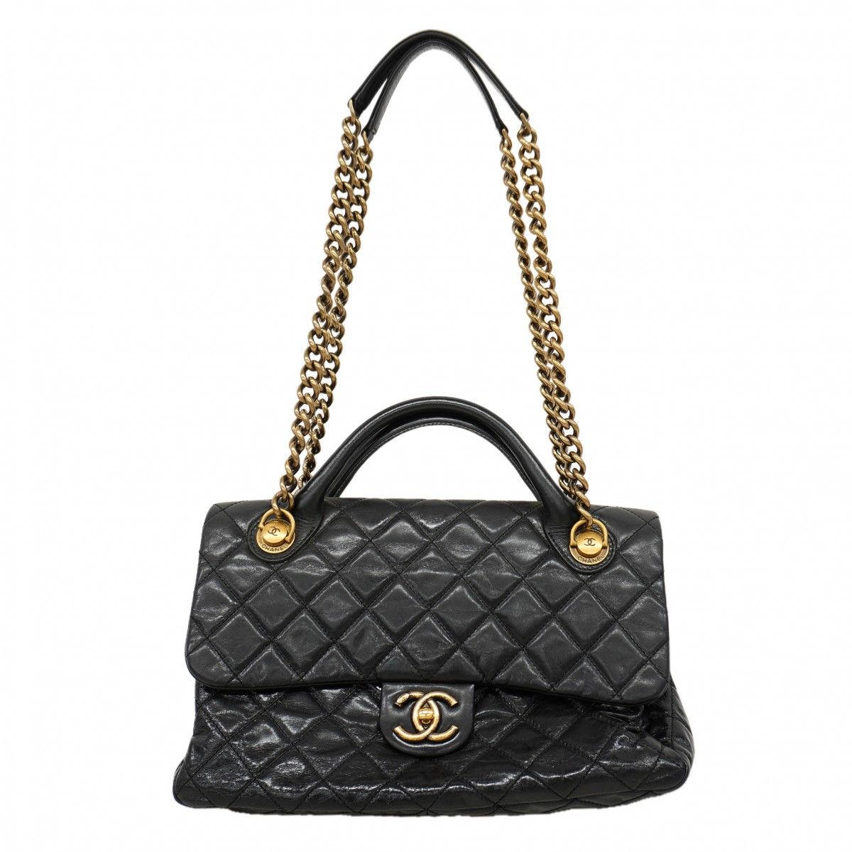 Chanel Handbag Quilted Lambskin Black Gold 2-Way