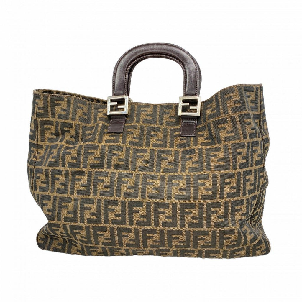 Fendi Tote Zucca Nylon Canvas Brown Silver