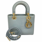 Dior Handbag Lady Leather Blue Gray Champagne Gold 2-Way