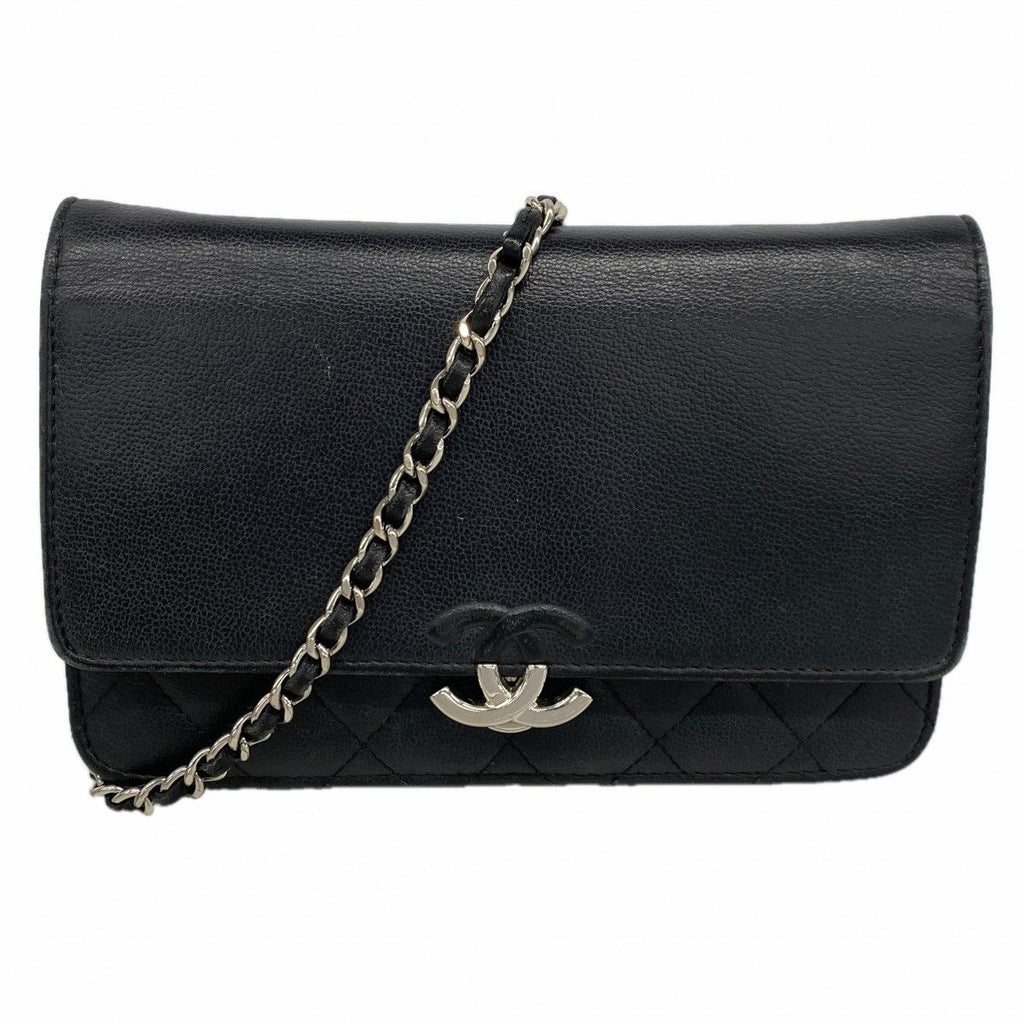 Chanel Shoulder Wallet Quilted Caviar Leather Black Silver
