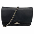 Chanel Shoulder Wallet Quilted Caviar Leather Black Silver