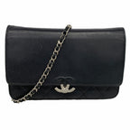 Chanel Shoulder Wallet Quilted Caviar Leather Black Silver