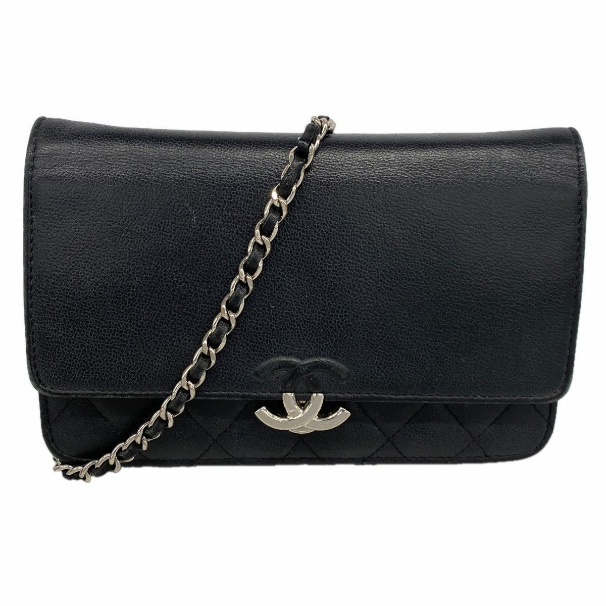 Chanel Shoulder Wallet Quilted Caviar Leather Black Silver