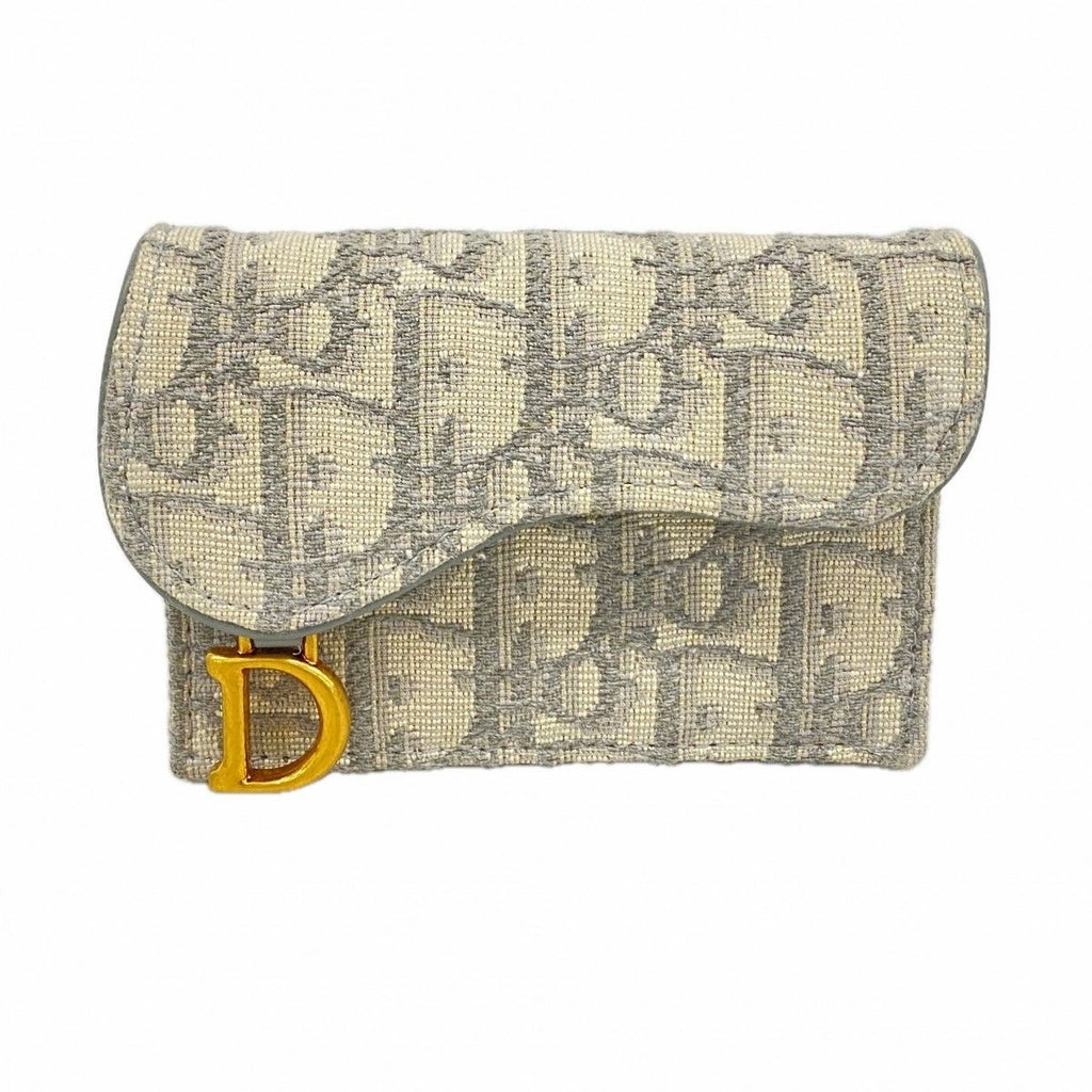 Dior Card Case Oblique Saddle Canvas Gray Gold