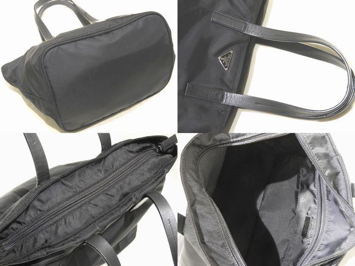 Prada Handbag Black Nylon Leather Triangle Logo Shopping Tote — view 2