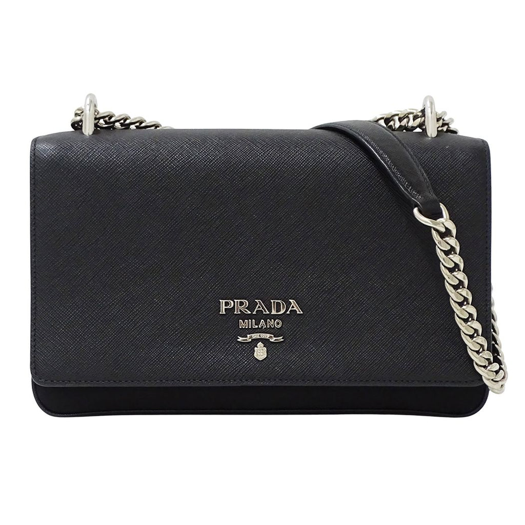 Prada Shoulder Bag Saffiano Nylon Black Chain Small