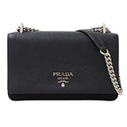 Prada Shoulder Bag Saffiano Nylon Black Chain Small