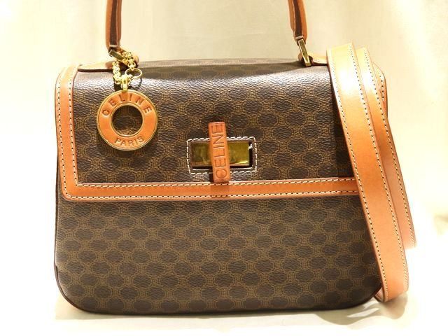 Celine 2-Way Handbag One Handle Macadam All Over Pattern Brown Leather Shoulder