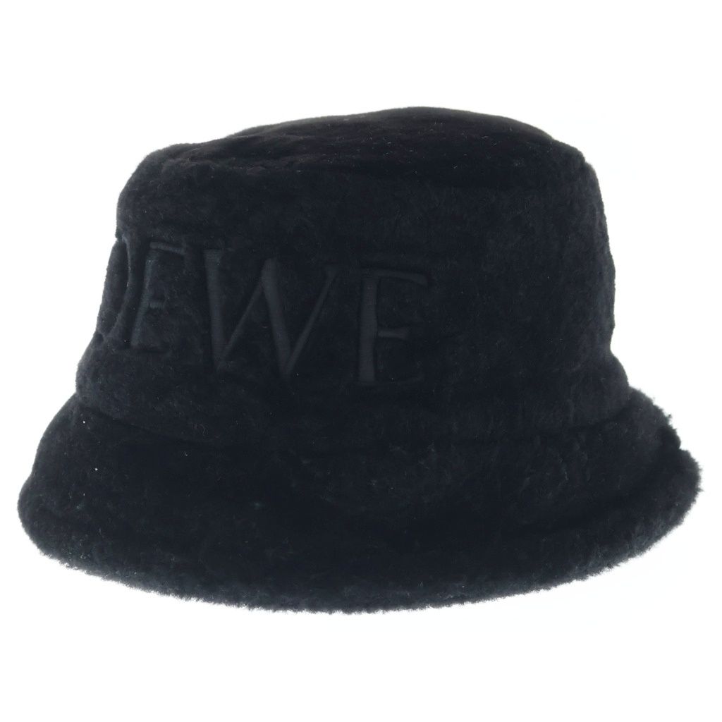 Loewe Shearling Panama Shirred Bucket Hat Logo Black