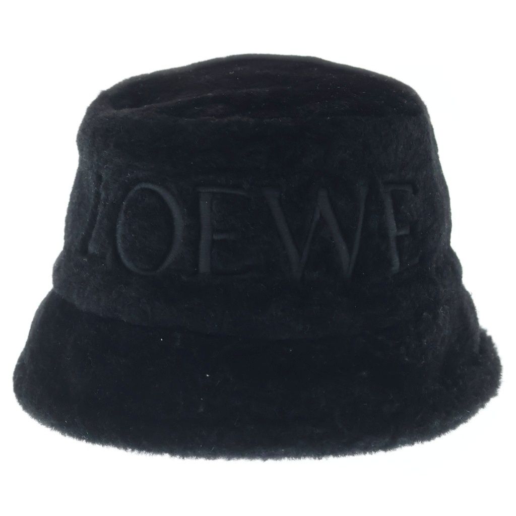 Loewe Shearling Panama Shirred Bucket Hat Logo Black — view 4