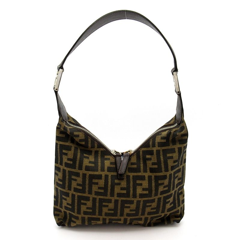 Fendi Zucca Shoulder Bag Canvas Leather Brown Black