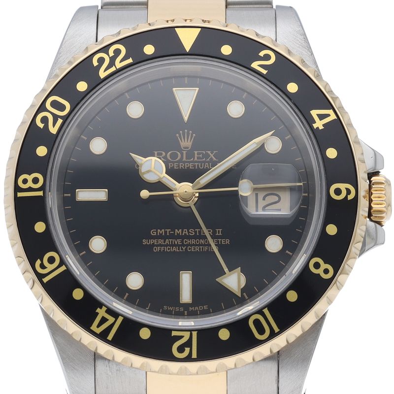 Rolex GMT Master 2 Buckle 18k Yellow Gold SS Watch Black Polished Beauty