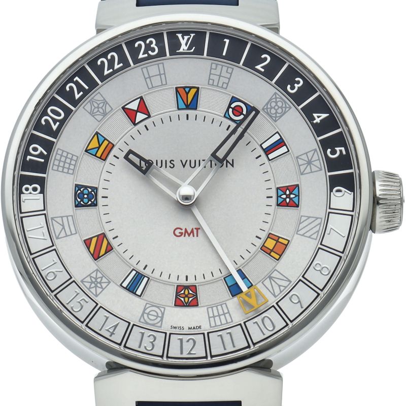 Louis Vuitton Tambour Moon Dual Time GMT Watch 43.5 Box SS Rubber