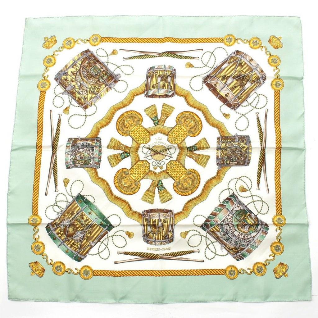 Hermes Carre 90 les Tambours Taiko Silk Scarf Green