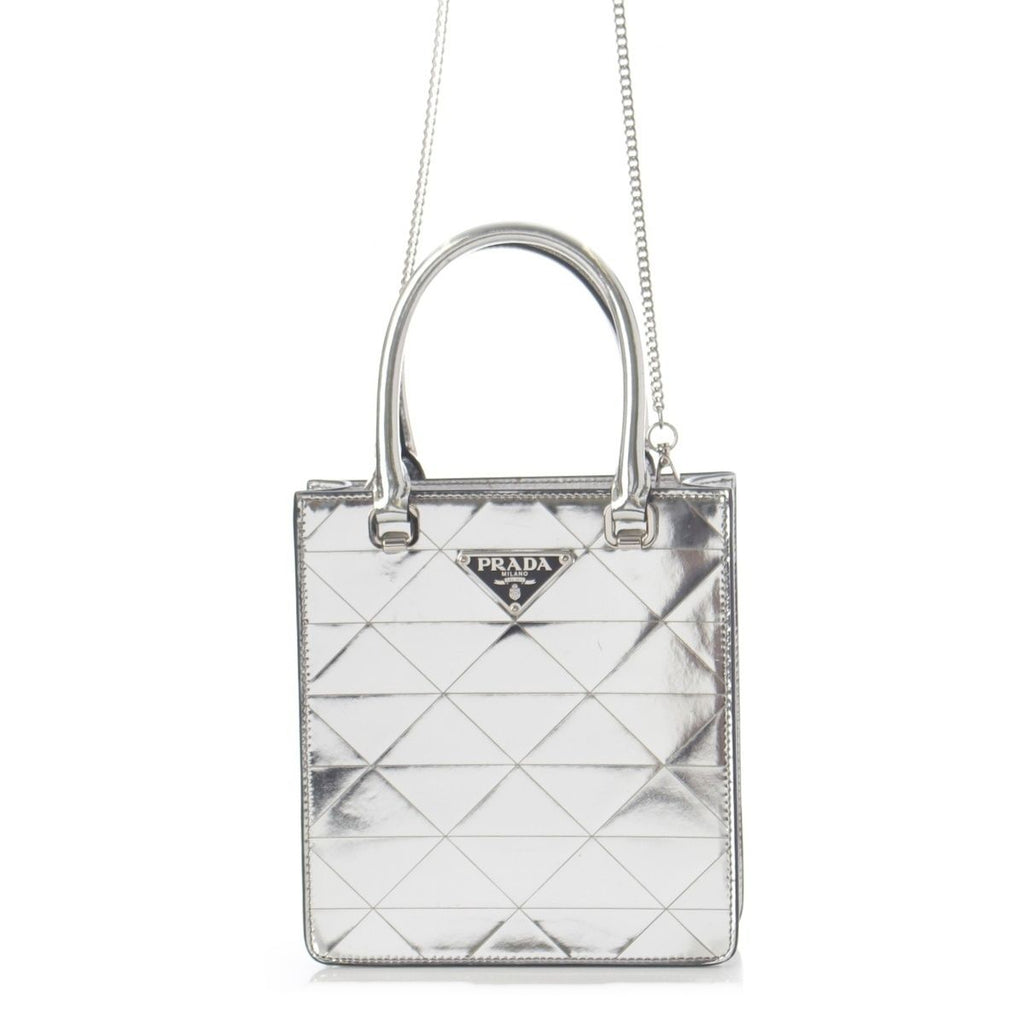 Prada Leather Triangle Logo Mini Chain Shoulder Bag Silver