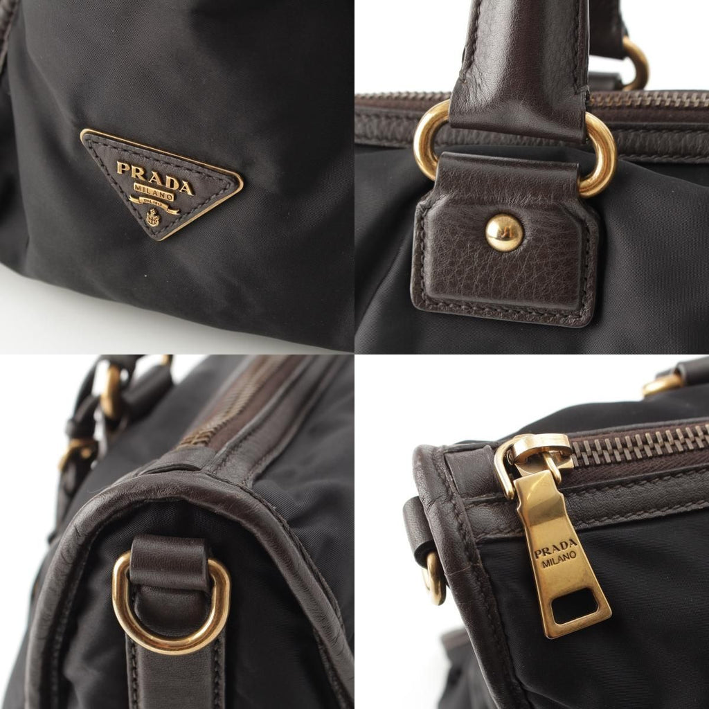Prada Leather Nylon Logo Handbag 2-Way Shoulder Black Brown Green — view 8