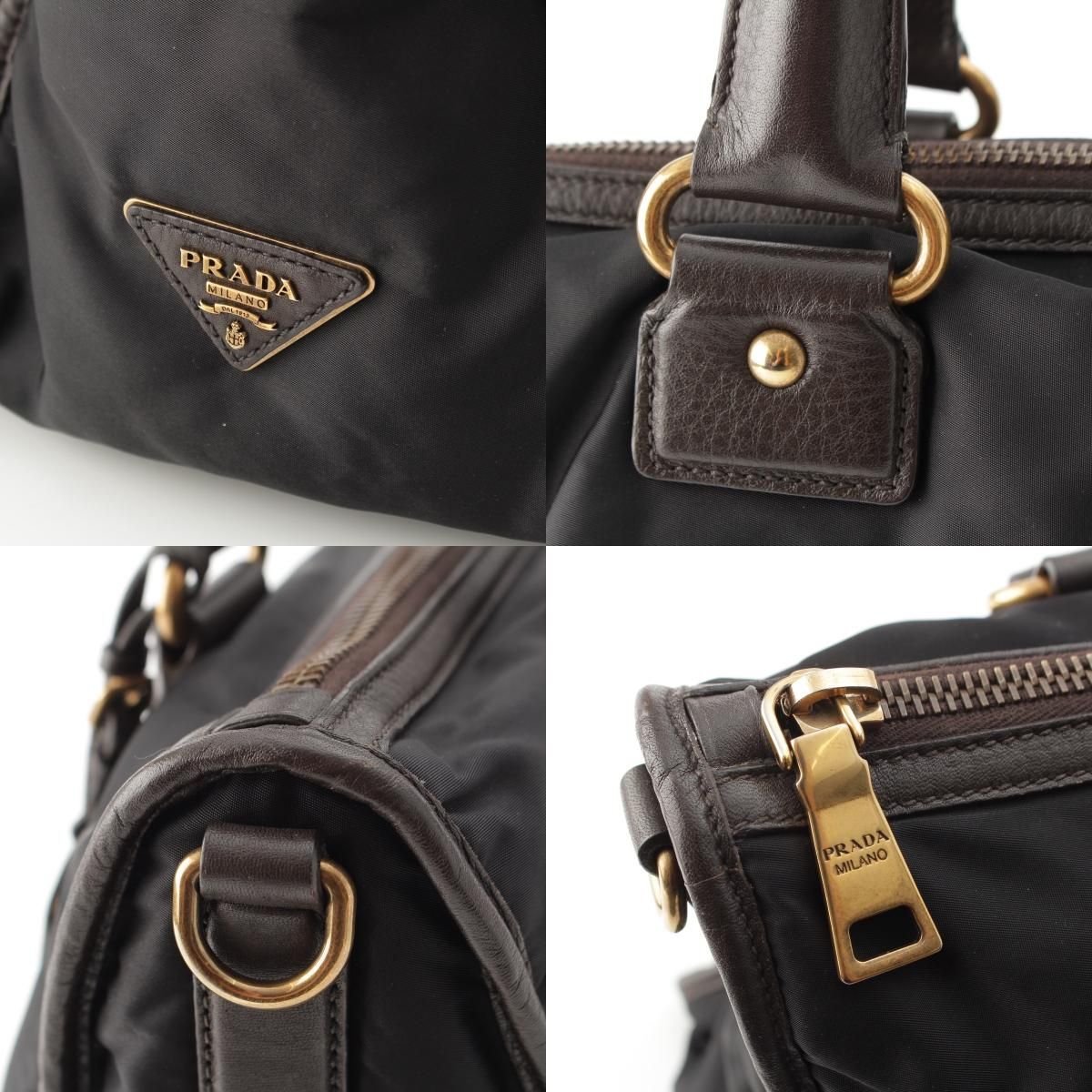 Prada Leather Nylon Logo Handbag 2-Way Shoulder Black Brown Green — view 8