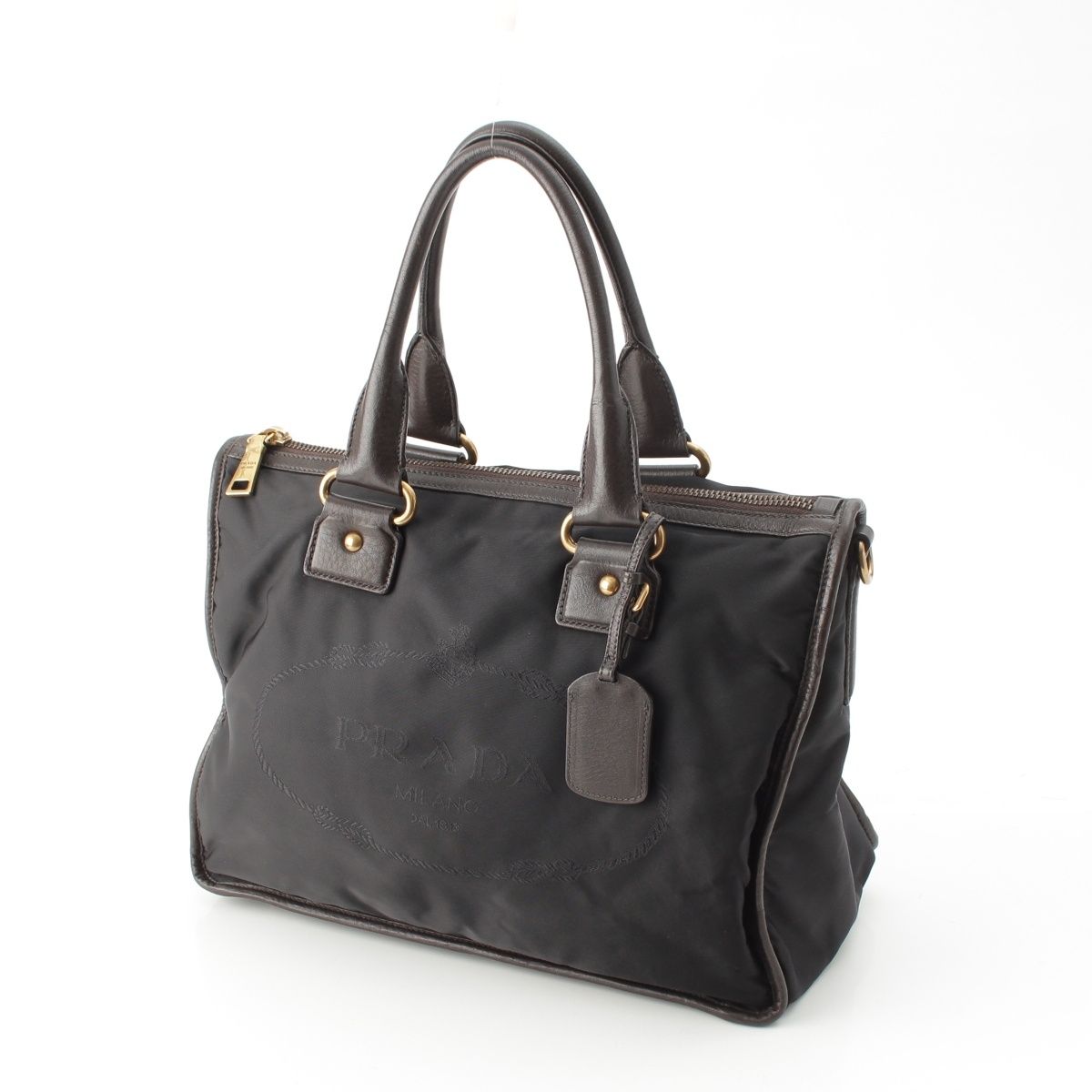 Prada Leather Nylon Logo Handbag 2-Way Shoulder Black Brown Green — view 2