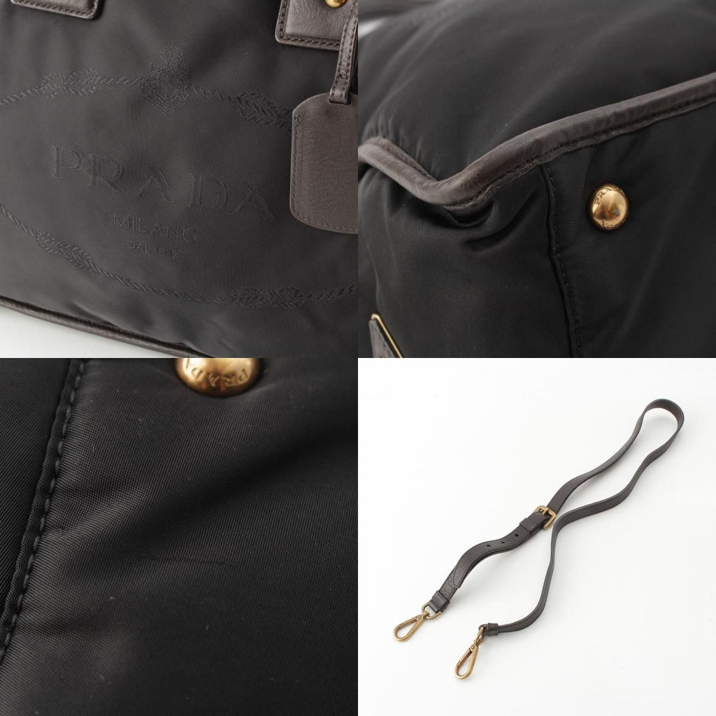 Prada Leather Nylon Logo Handbag 2-Way Shoulder Black Brown Green — view 9