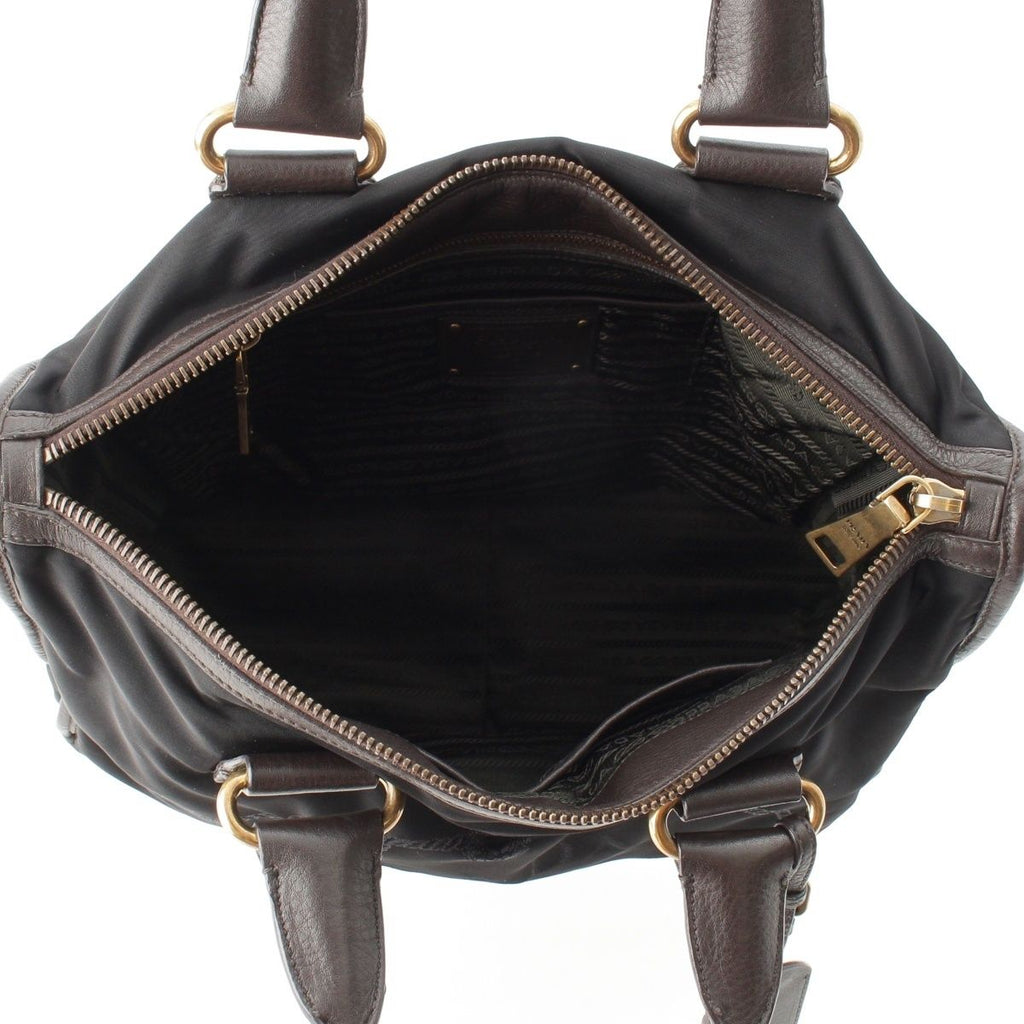 Prada Leather Nylon Logo Handbag 2-Way Shoulder Black Brown Green — view 6
