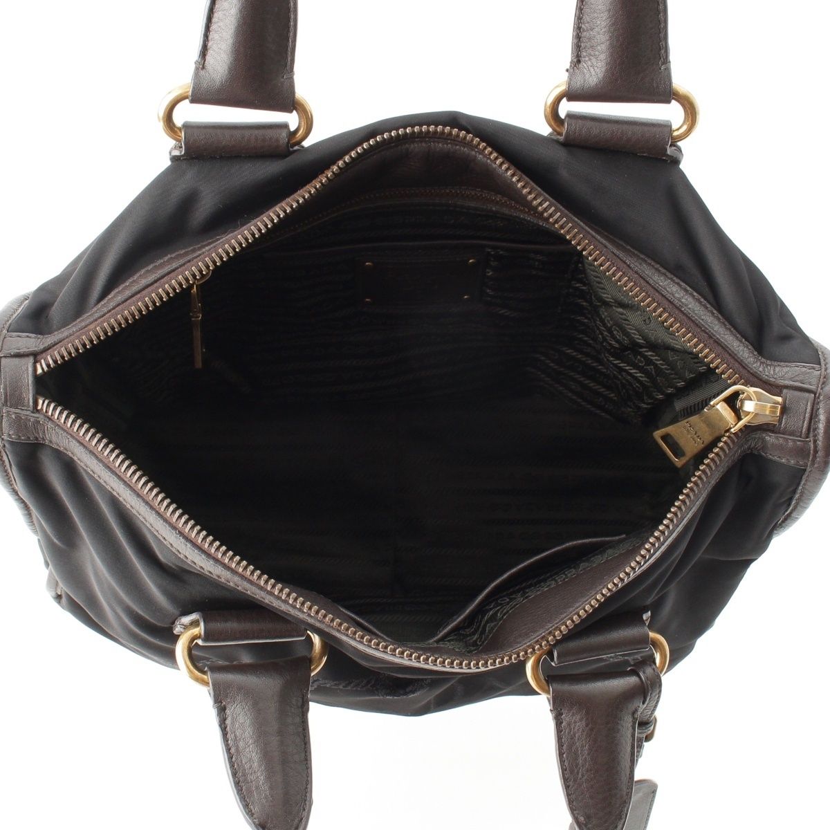 Prada Leather Nylon Logo Handbag 2-Way Shoulder Black Brown Green — view 6