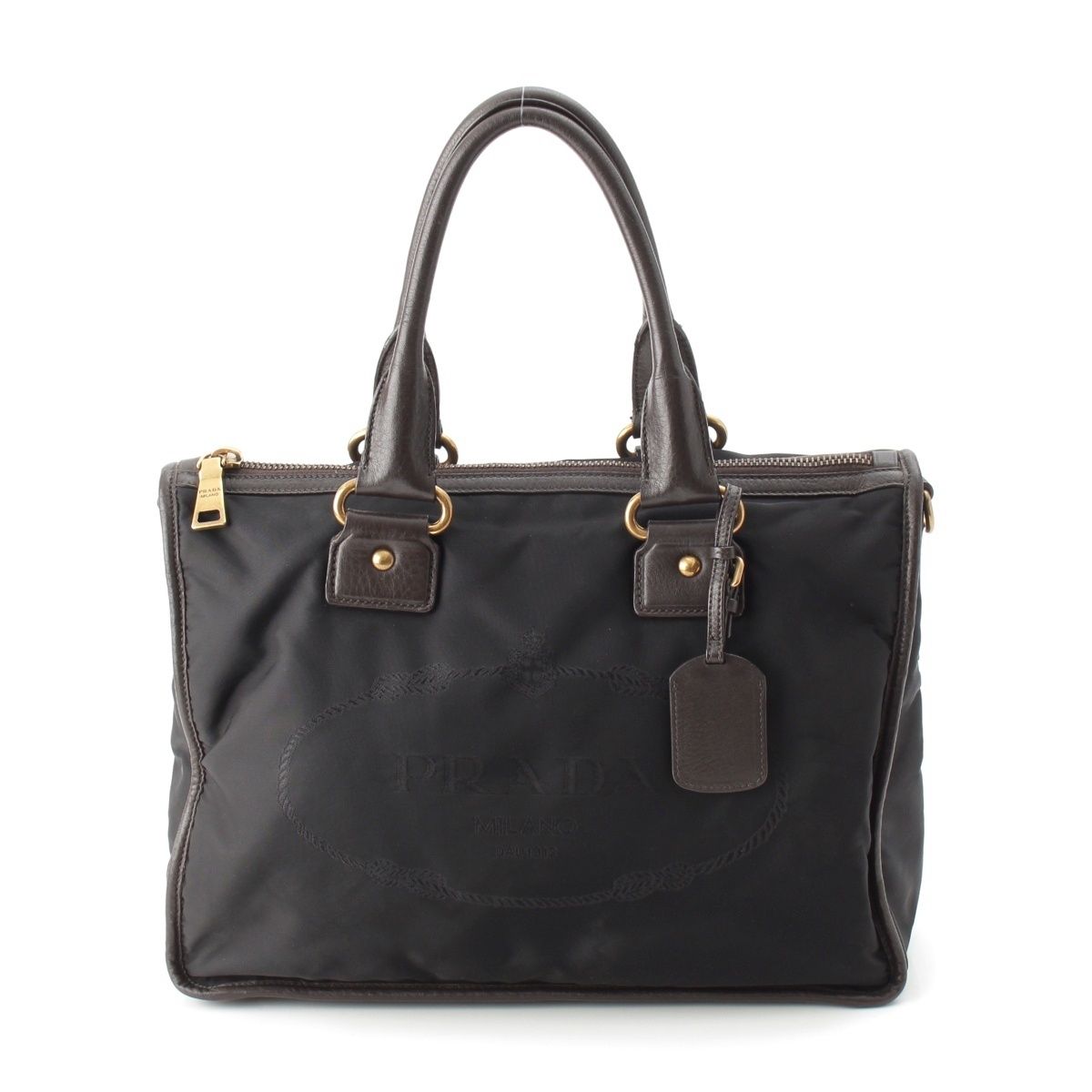 Prada Leather Nylon Logo Handbag 2-Way Shoulder Black Brown Green